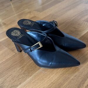 Vince Camuto Black Leather Pointed Mule with Gold Buckle